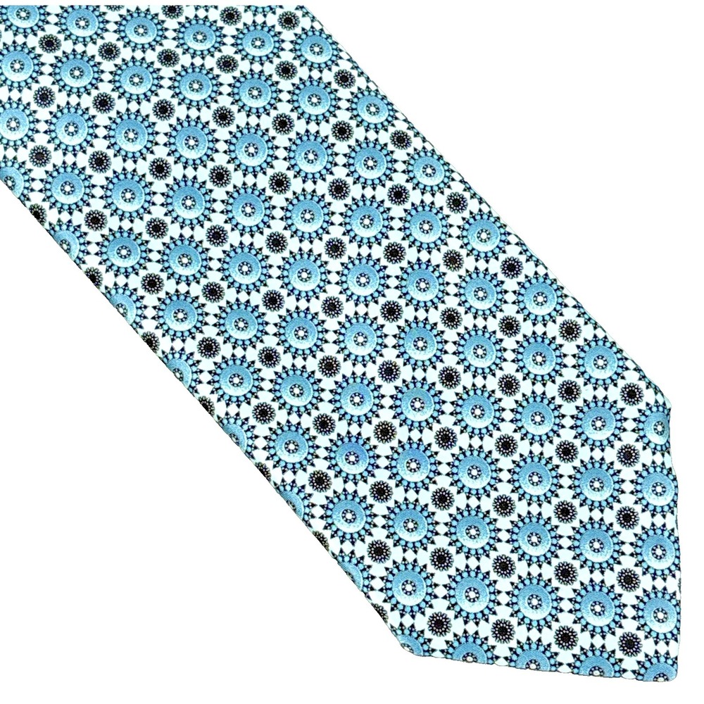 Italo‎ Ferretti Tie Mens Blue Geometric Medallion 100% Silk Woven Italy Luxury